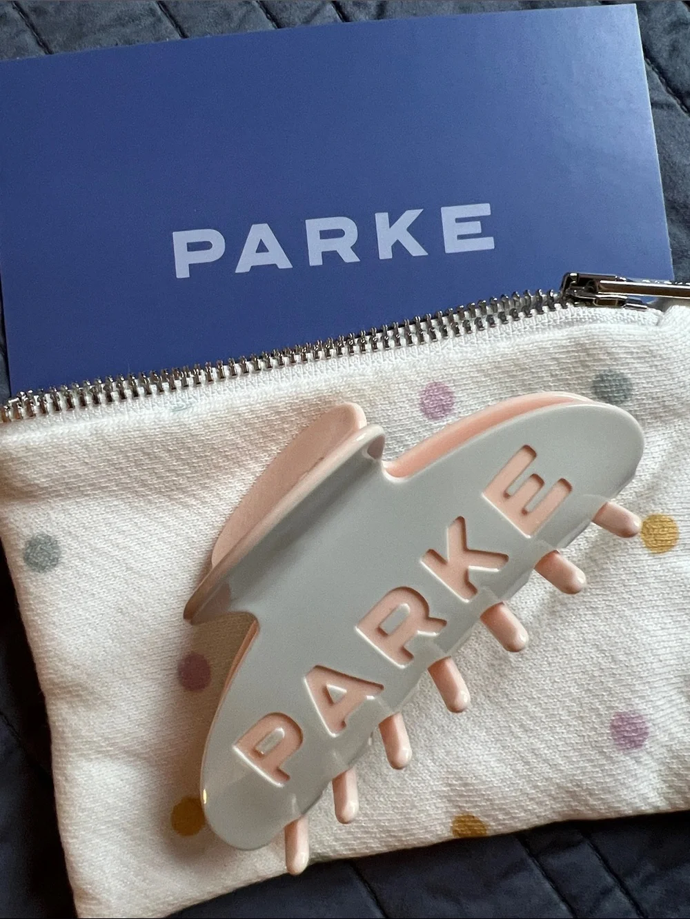 Parke Sprinkle Blue Pink Hair Claw Clip w/ Polka Dot Pouch Birthday NEW IN BAG